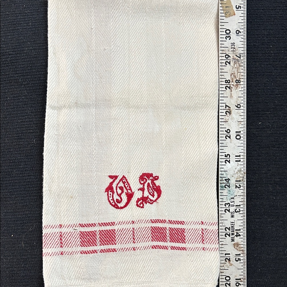Vintage Cotton White and Red Monogrammed Towel from Germany. 23 x 20, Rugged.